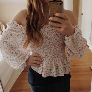off the shoulder ruffled floral white top